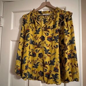 LOFT Yellow Floral Blouse with Blue Accents